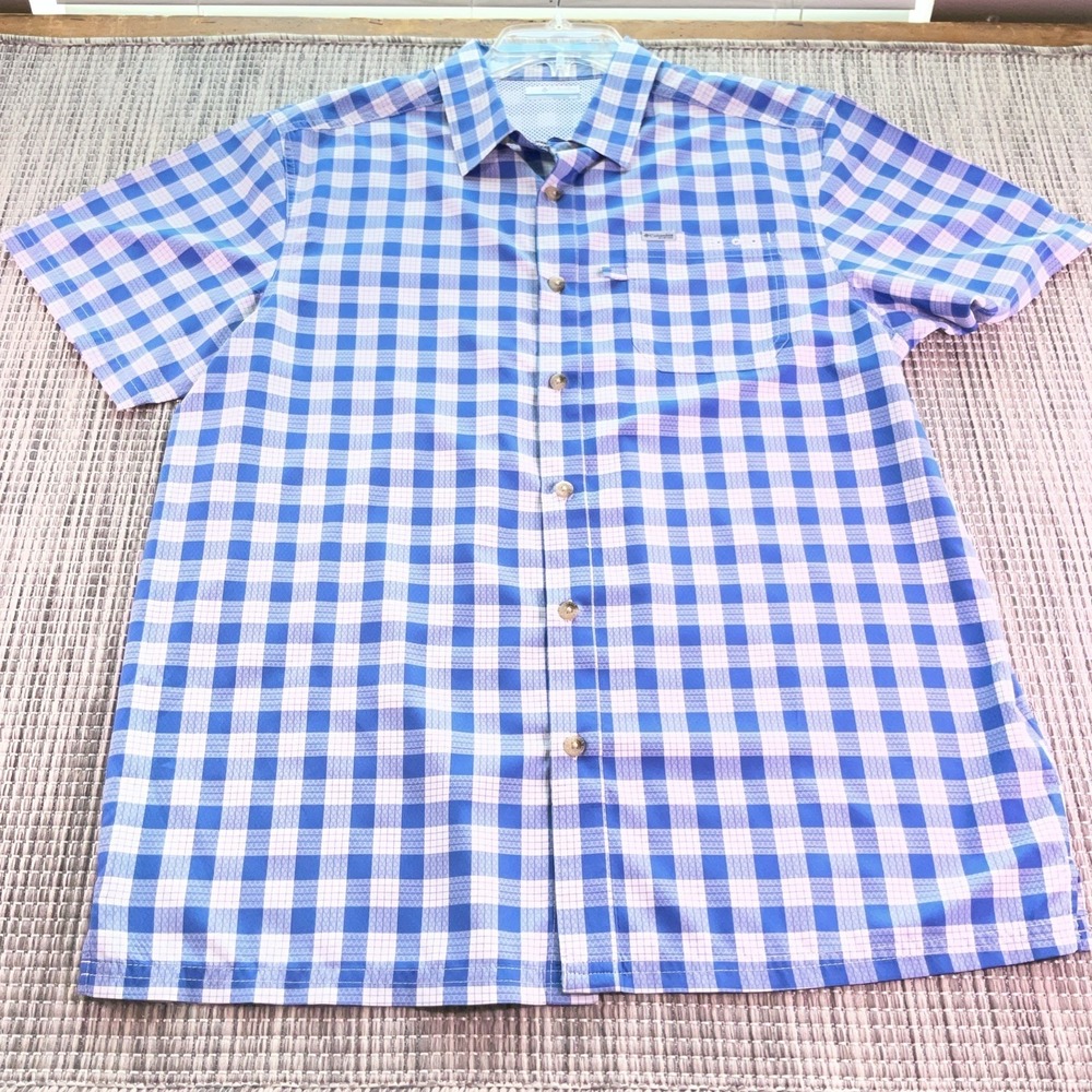 Columbia PFG Mens Blue Gingham Omni-Shade SS Fishing Shirt Medium FM1039